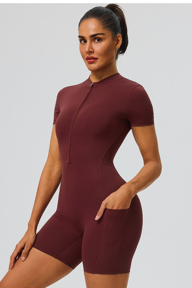 Women's Half Zip Side Pocket Short Sleeve Sport Jumpsuit