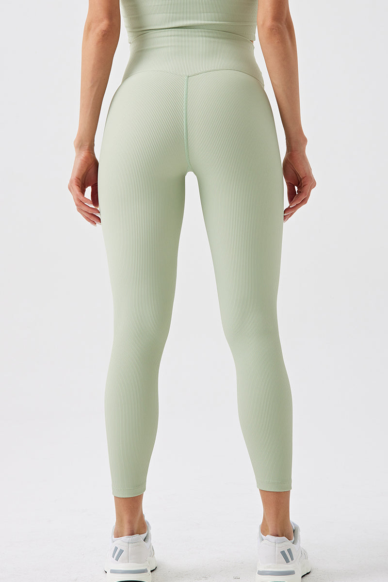 Women Ribbed Eco-Friendly Recycled Beauty Stripe Hip Lifting Tummy Tuck High Waisted Sports Fitness Yoga Leggings