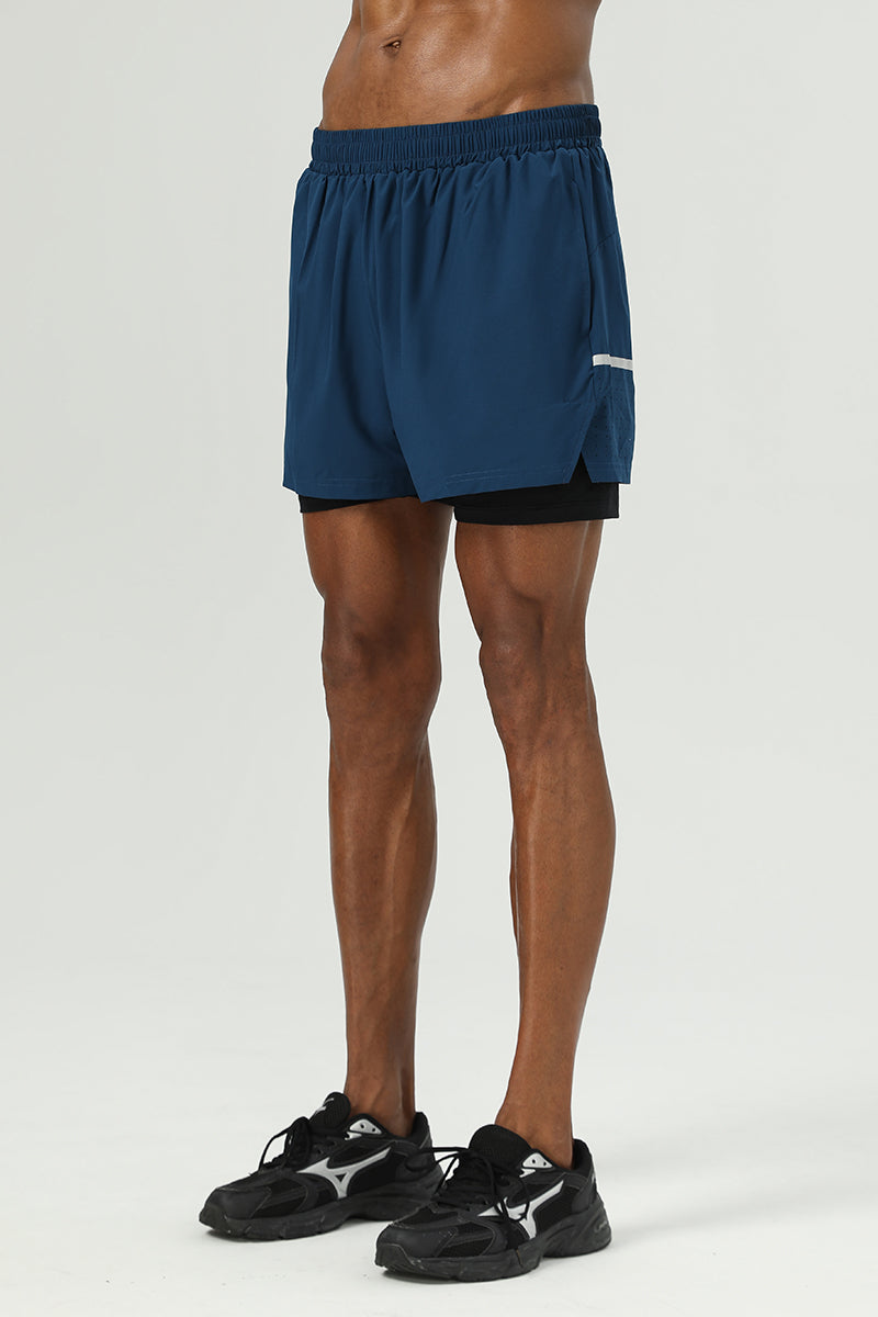 Men 2-In-1 Compression Running Fitness Shorts Four-Way Stretch Cooling Fake Two-Piece Workout Sport Shorts
