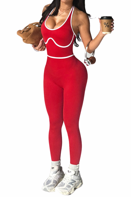 Women's Halter Cutout Back Striped Color-Block Yoga Jumpsuit