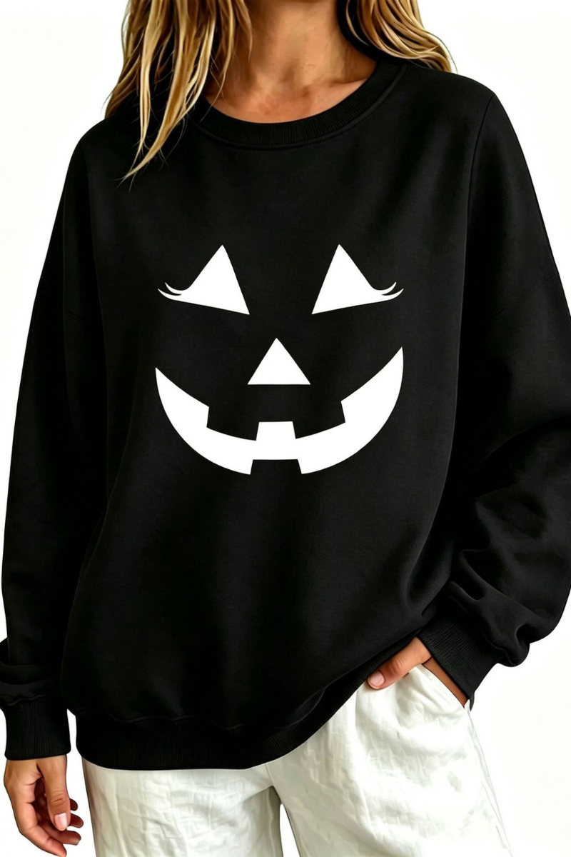 Women's Fall Halloween Pumpkin Face Print Relaxed Sweatshirt