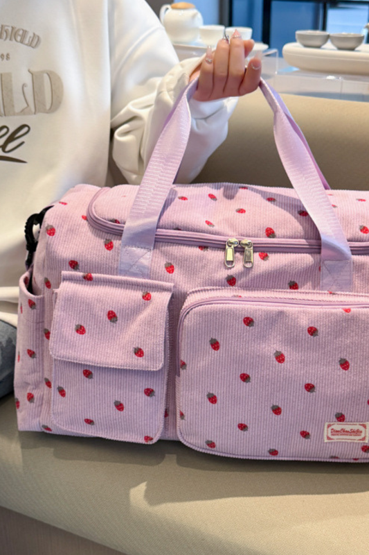 Strawberry Print Corduroy Multi-Pocket Travel Duffel Bag