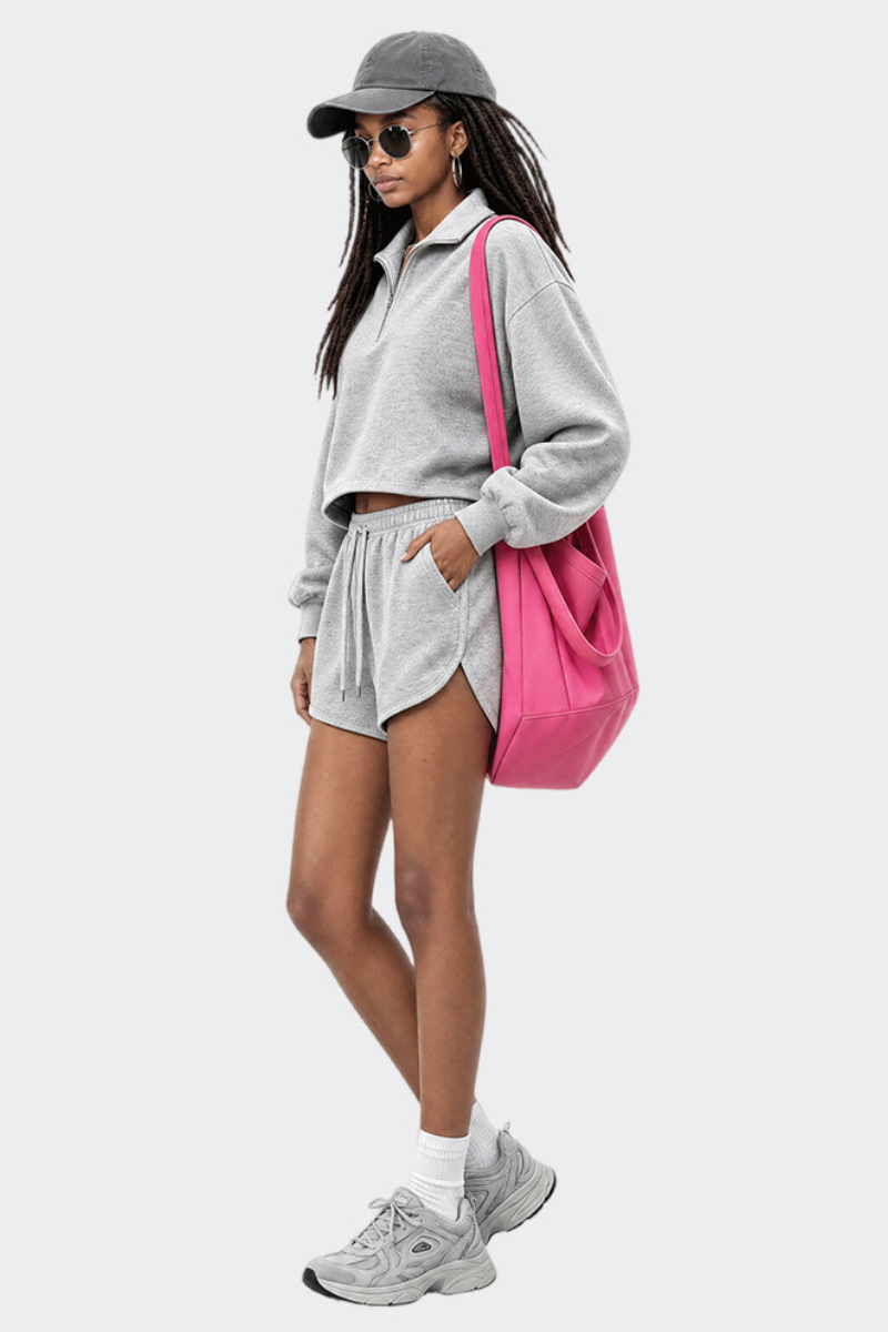 Women's Fall Half Zip Stand Collar Sweatshirts And Drawstring Shorts