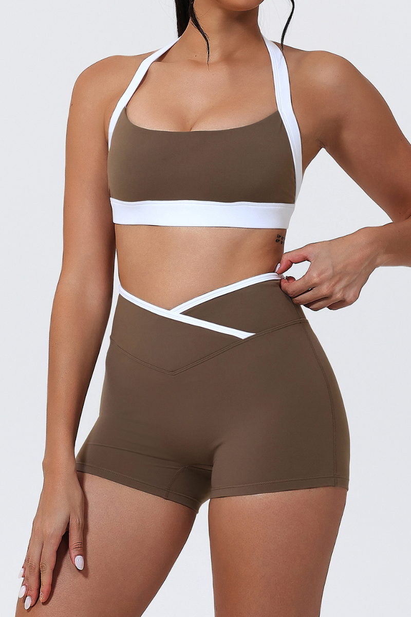 Women's Color-Block Halter Sports Bra & Cross-Waist Shorts Set
