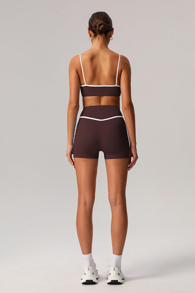 Women White Piping Yoga Sports Bras With Sports Shorts