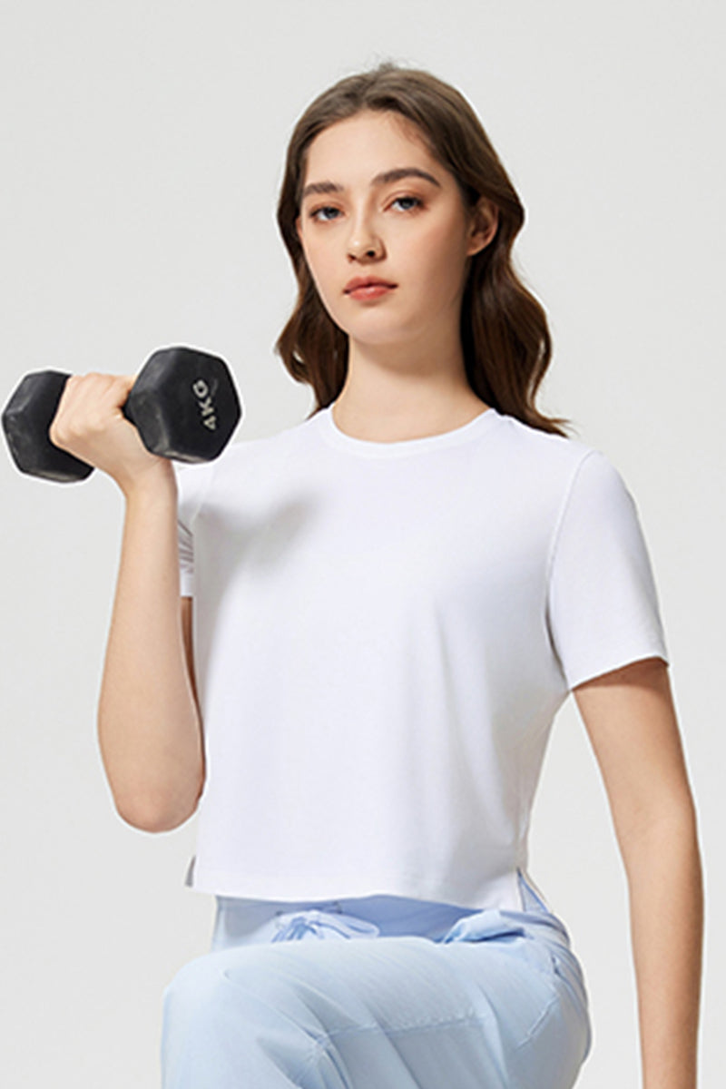Women Round Neck Cropped Loose Quick-Dry Cool Touch Yoga Workout T-Shirt