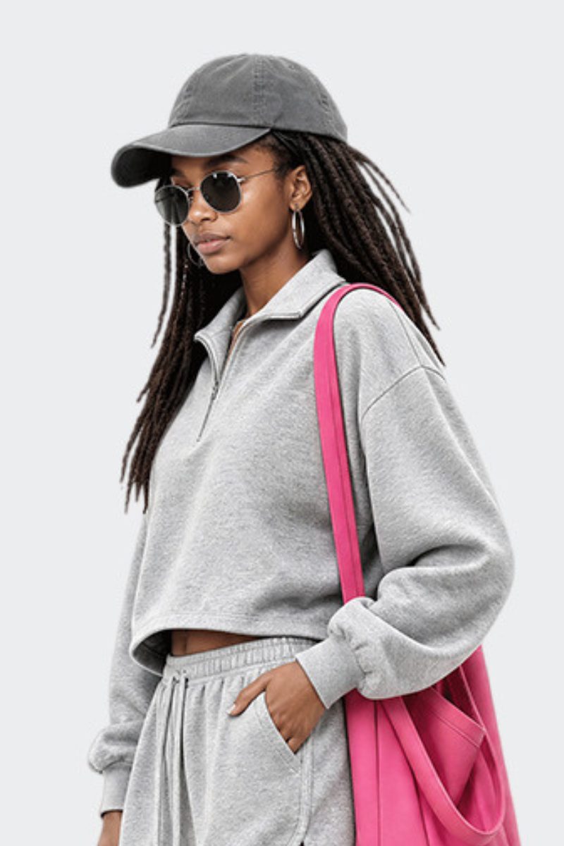 Women's Half Zip Stand Collar Cropped Drawstring Sweatshirt