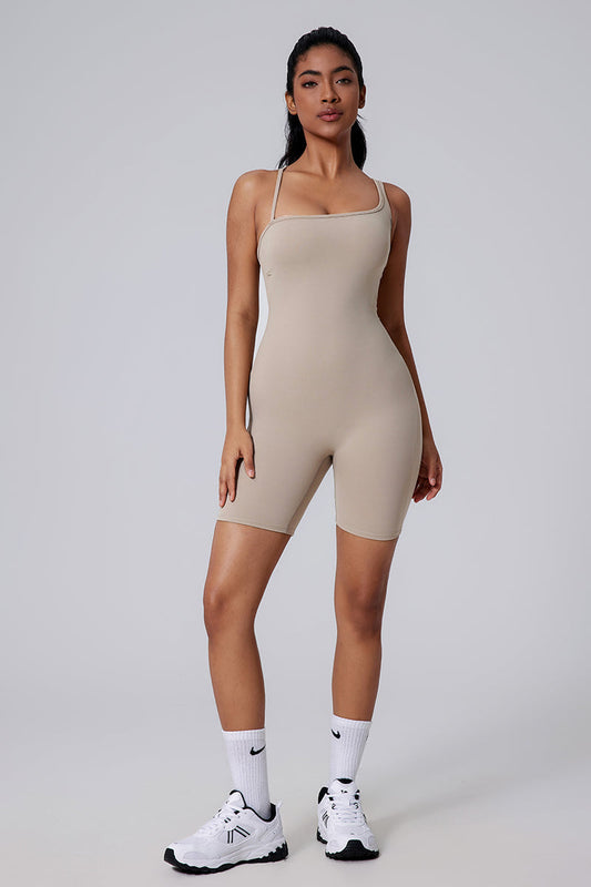 Women Asymmetric Back Cutout Ruching Butt-Lift Yoga Dance Built-In Shorts Bodysuit