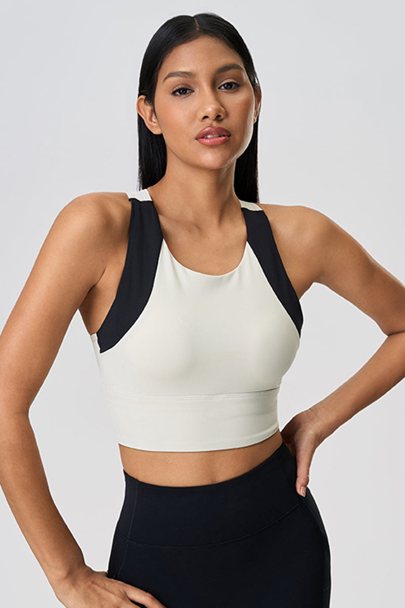 Women Color Block Short Built-In Bra Sculpting Cross Back Yoga Sports Tank Top