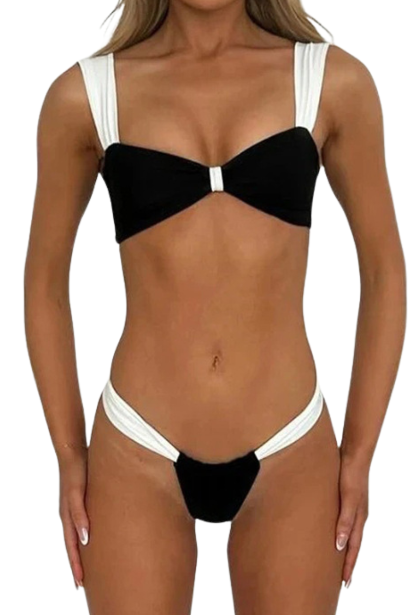 Women's Leopard Bandeau High Waist Bikini Set - Black White