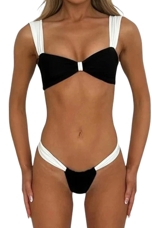Women's Leopard Bandeau High Waist Bikini Set - Black White