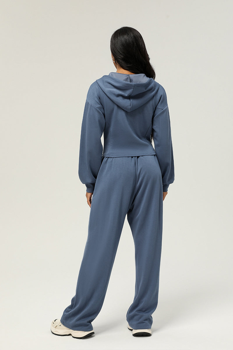 2 Pcs Set Zippered Jacket Hooded Casual Cardigan Jacket + High Waist Drawstringwide Leg Pants