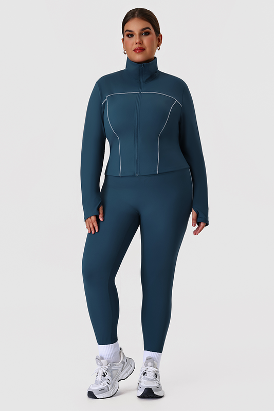 Plus Size Women's Color-Block Line Yoga Set With Jacket And Leggings