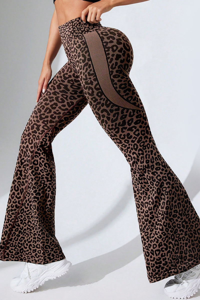 Women's High Rise Leopard Peach Butt Flared Sports Pants