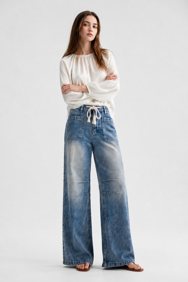 Women's High Waist Drawstring Wide Leg Jeans