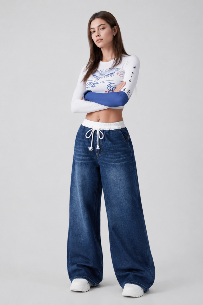 Women's Drawstring Waist Wide Leg Jeans
