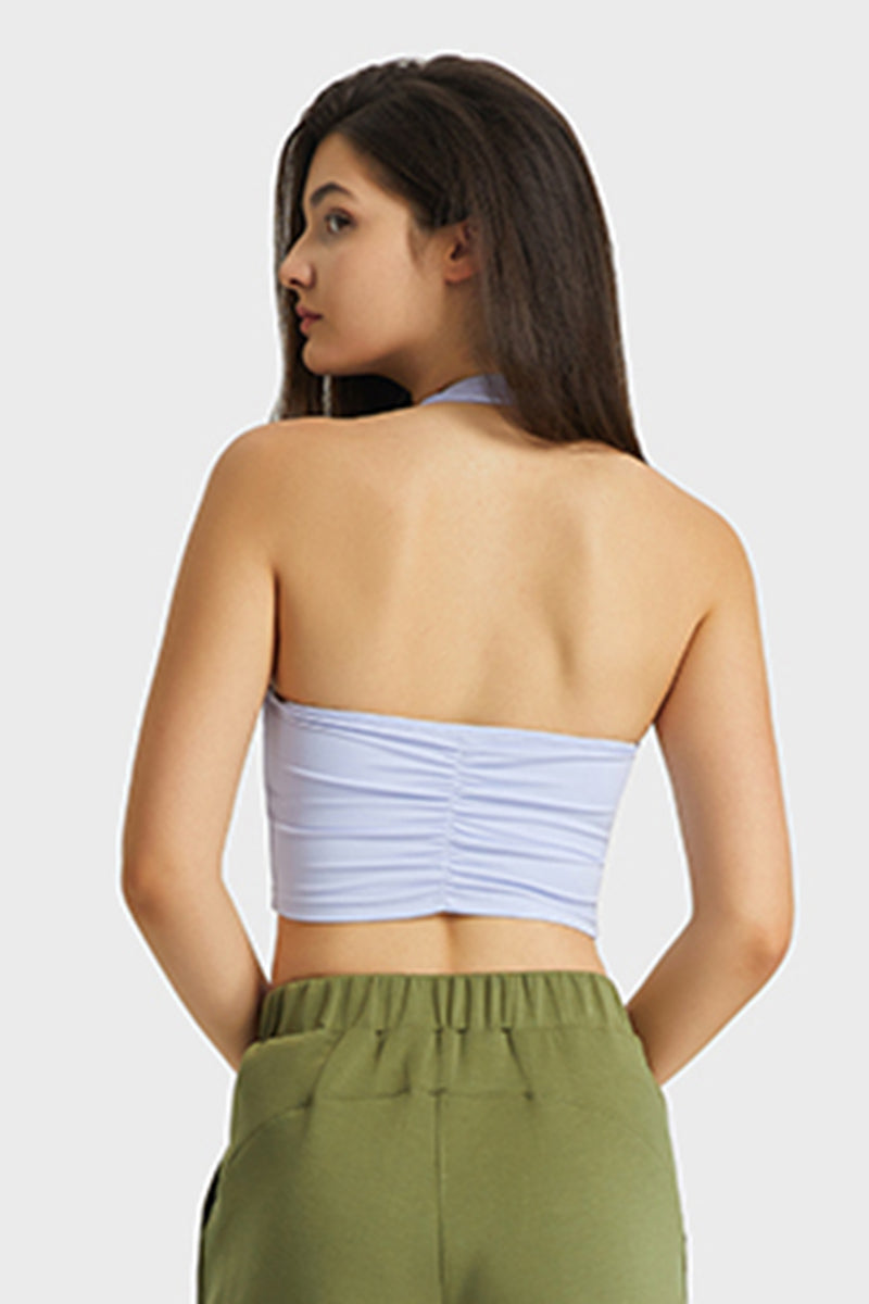 Women Sexy Halter Seamless Ruching Back Sports Bra