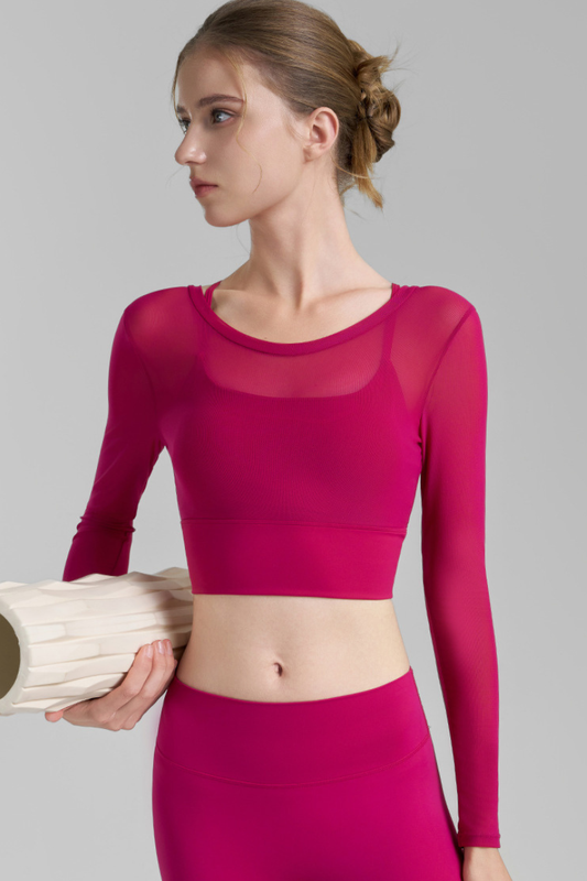 Women's Multi-Color Mesh Faux Two-Piece Cropped Yoga Top