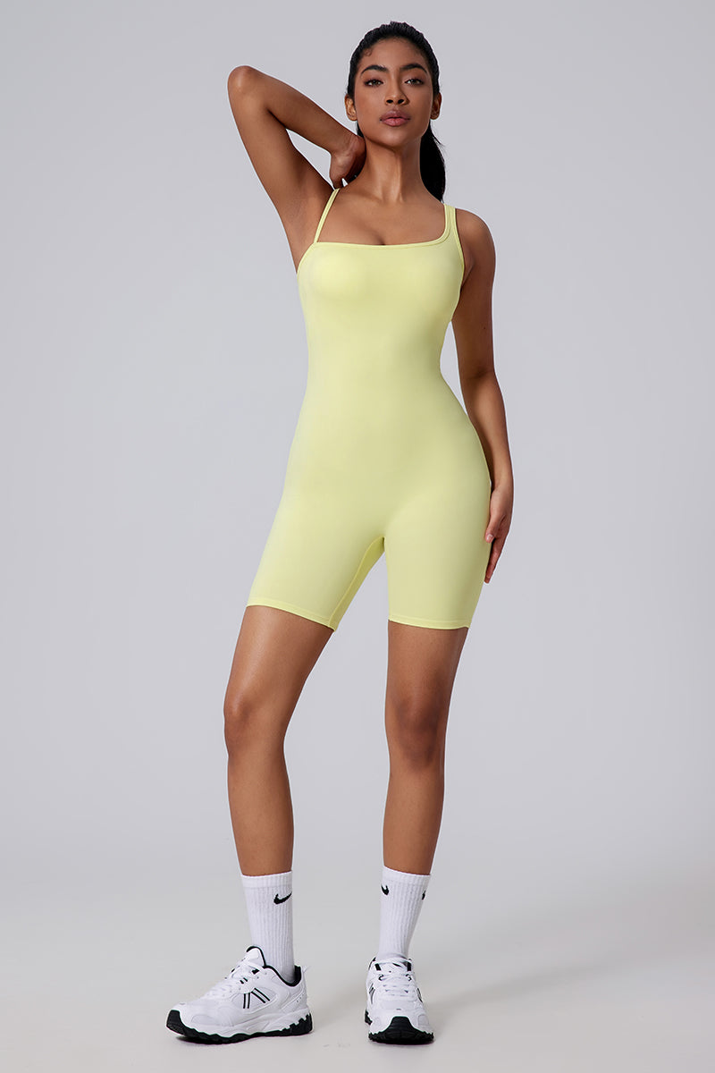 Women Asymmetric Back Cutout Ruching Butt-Lift Yoga Dance Built-In Shorts Bodysuit
