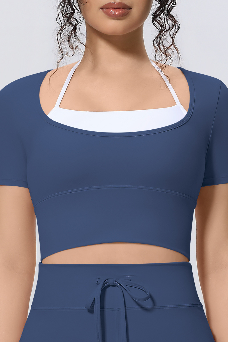 Women Athletic Fake Two Color Block Cropped Halter T-shirt