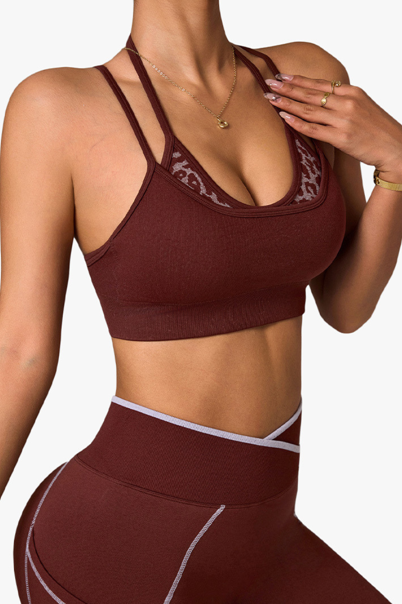 Women's Double Strap Leopard Splice Crisscross Back Sports Bra