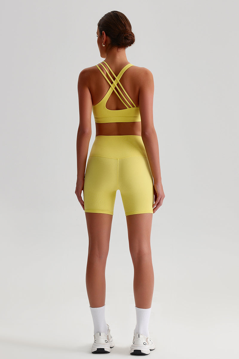 Women Naked Sensation Yoga Shorts Set: Cross-Back Bra + High-Waisted Sculpting Shorts