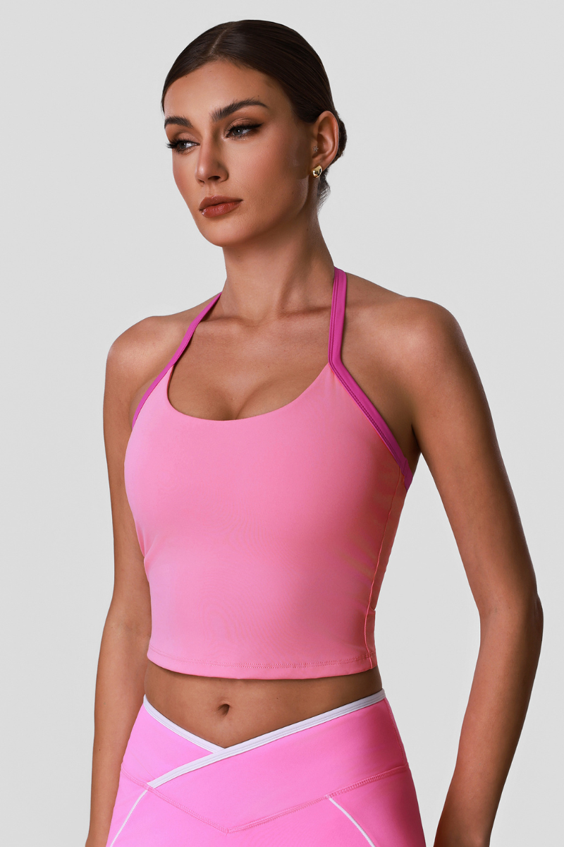 Women's Athletic Color-Block Halter Neck Crpped Tank Top