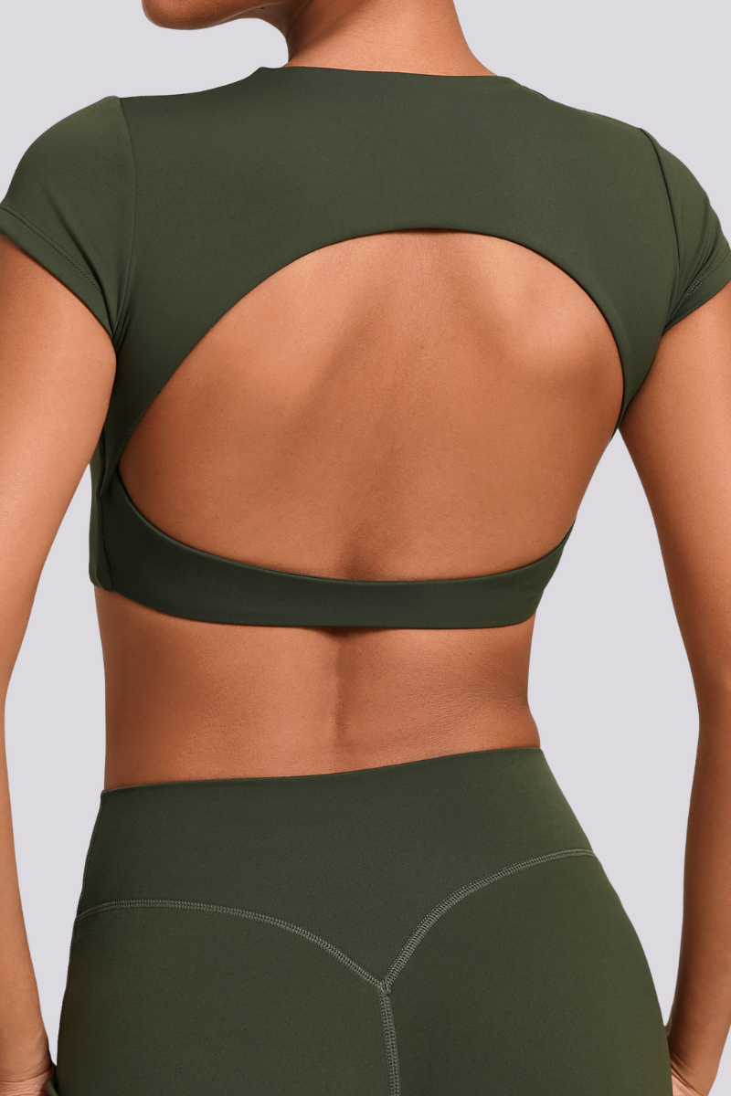 Women's Athletic Cut Out Back Cropped Solid T-shirt