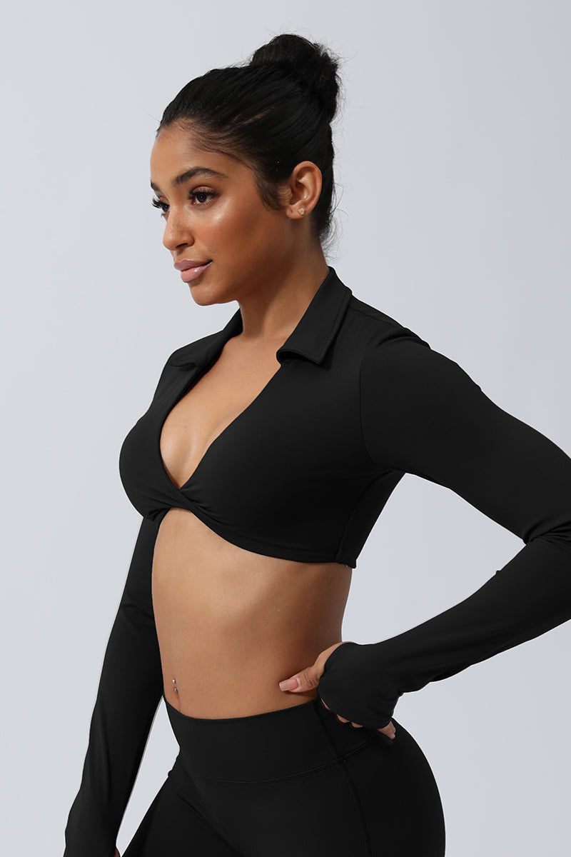 Women Lapel Yoga Sport Long Sleeve Shirts