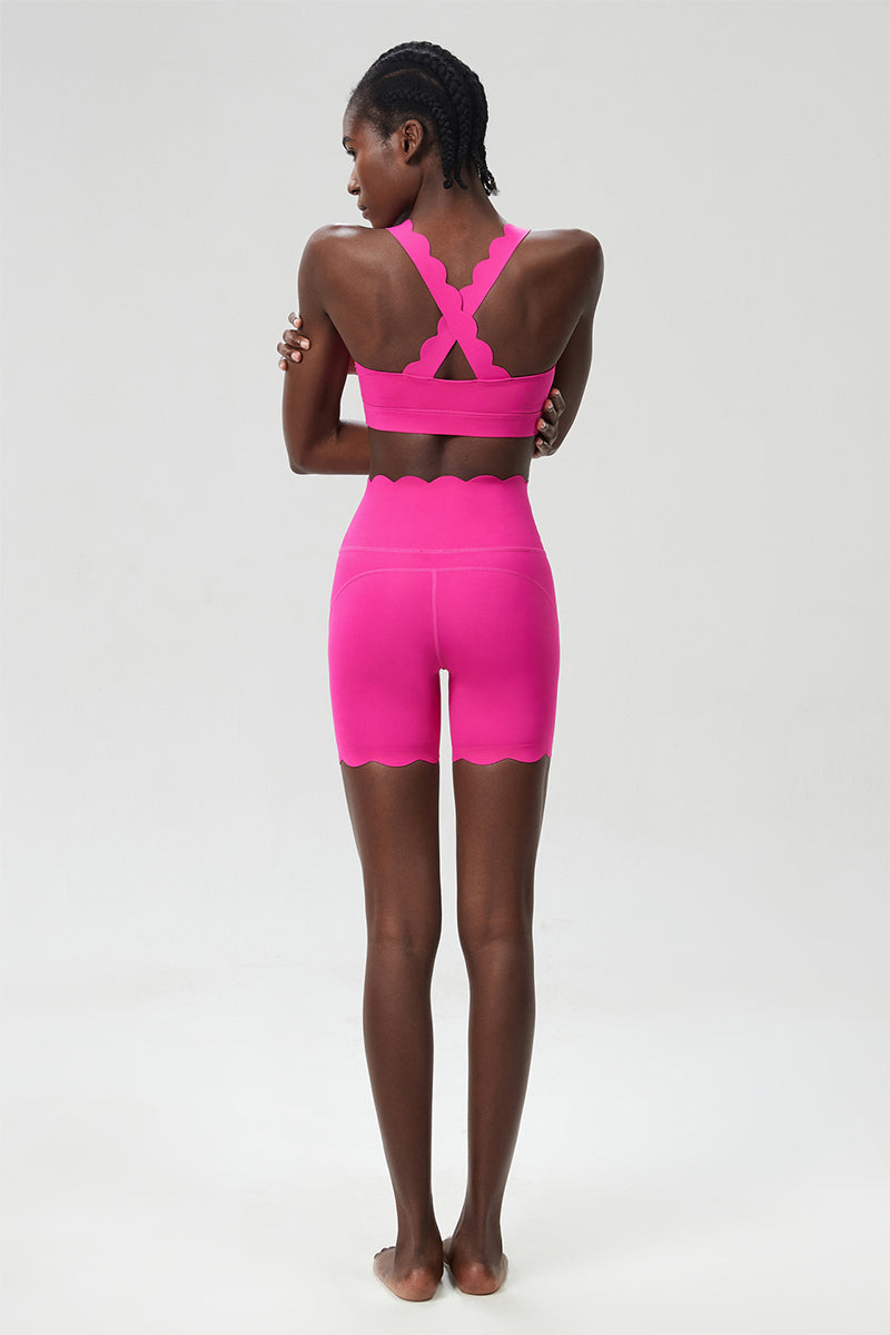 Women Wave-Edge Yoga Set: Double Shoulder Bra + Quick Dry Lycra Fitness Sports Shorts