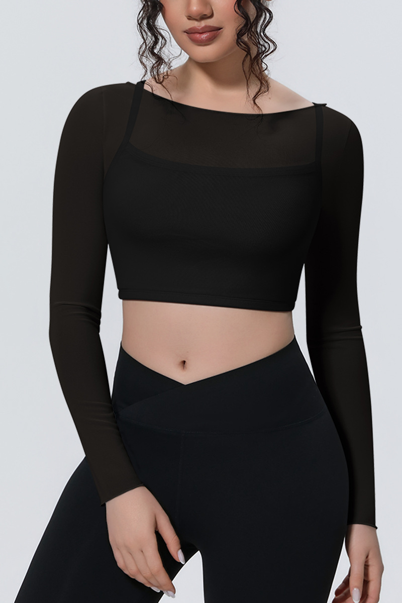 Women's Mesh Stitched Mock Two-Piece Long Sleeve T-shirt