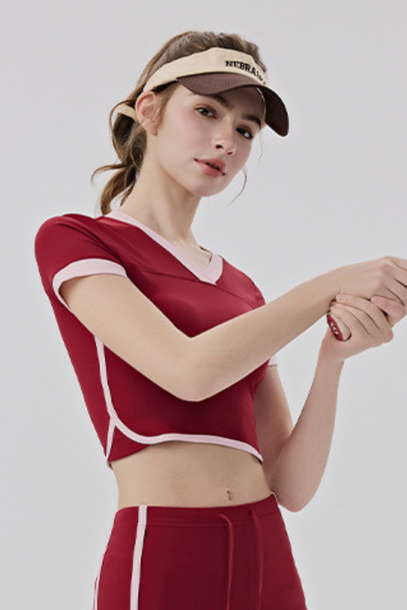 Women Slim Color Block V neck Cropped Yoga Athletic Tee