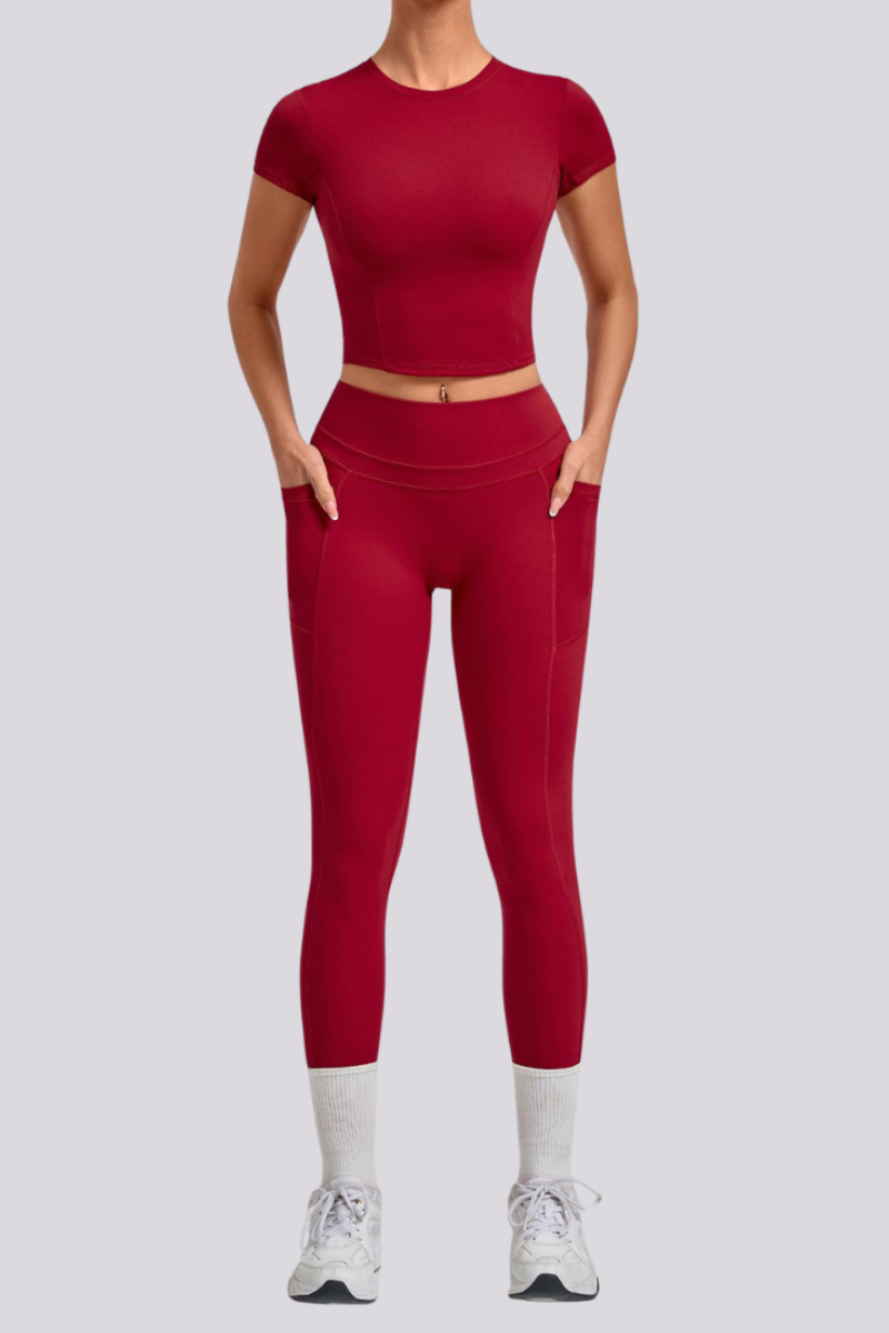 Women's Crew Neck T-shirt Pocket Leggings Yoga 2 Piece Set