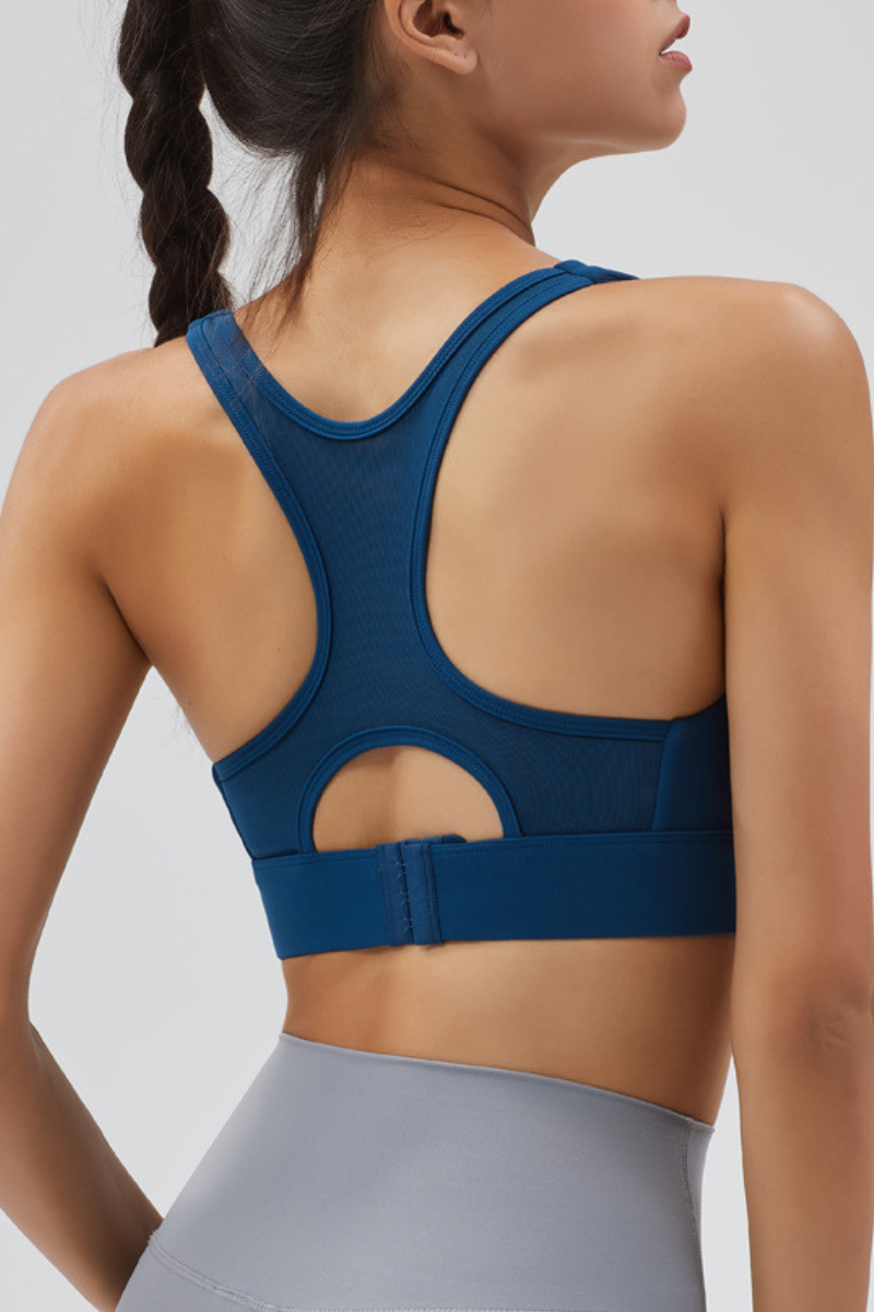 Women's Front Zipper Racerback Back Mesh Panel High Impact Sports Bra