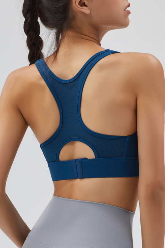 Women's Front Zipper Racerback Back Mesh Panel High Impact Sports Bra