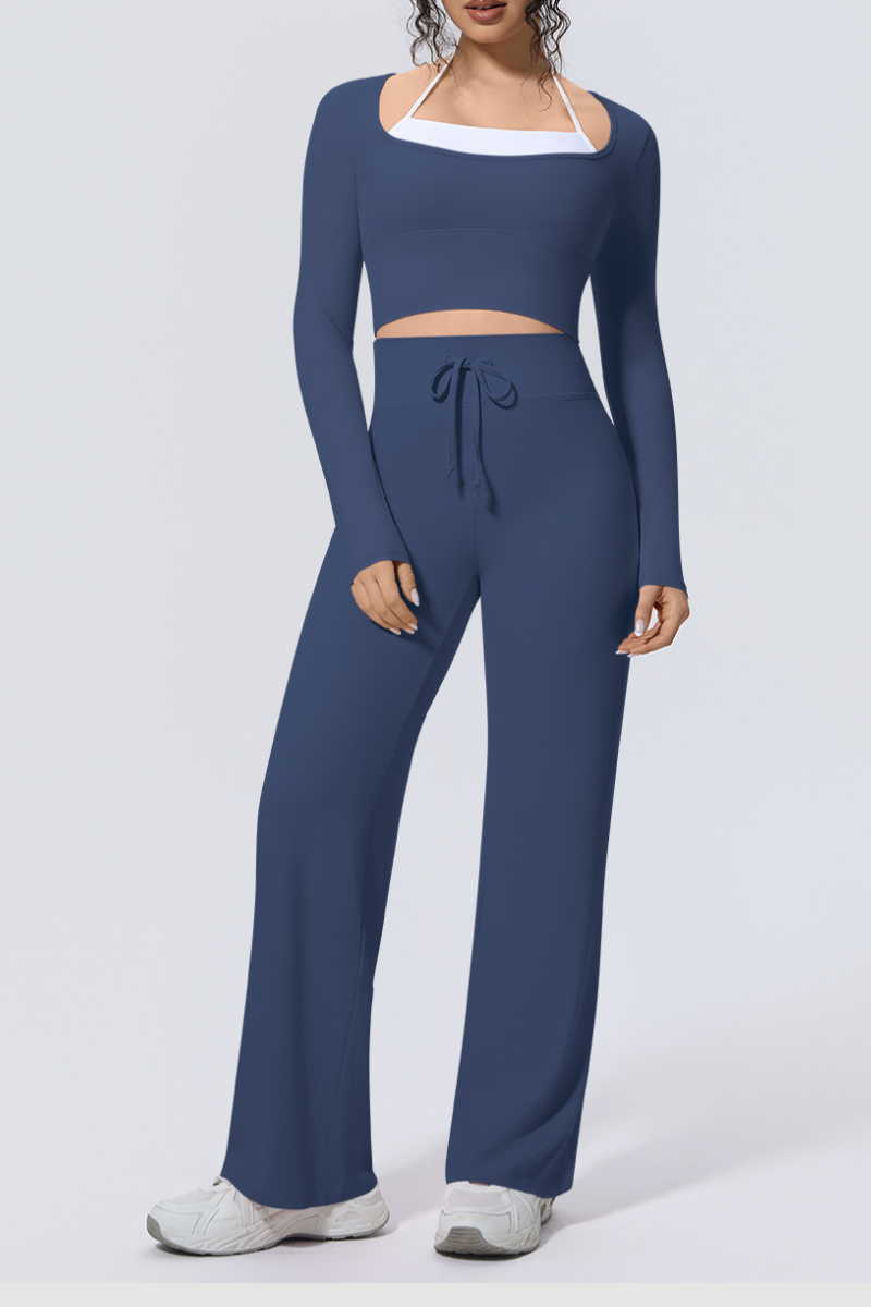Women Sets:Cropped Long Sleeve T-shirt And Straight Leg Pant