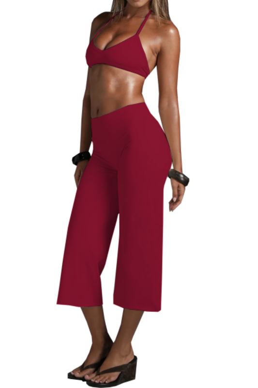 Women's Halter V-Neck Triangle Cup Sports Bra & High-Waist 7/8 Wide-Leg Yoga Pants Set