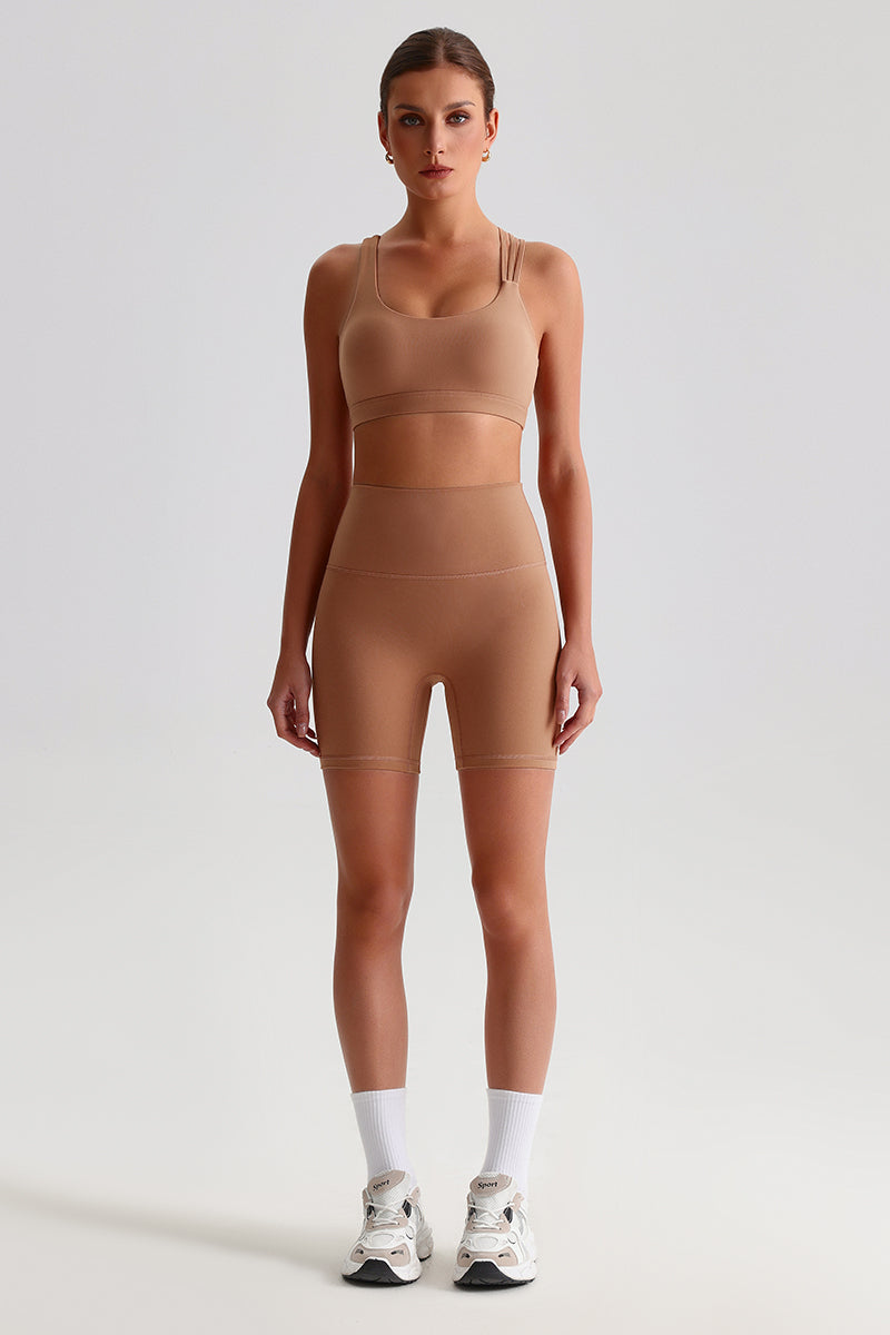 Women Naked Sensation Yoga Shorts Set: Cross-Back Bra + High-Waisted Sculpting Shorts