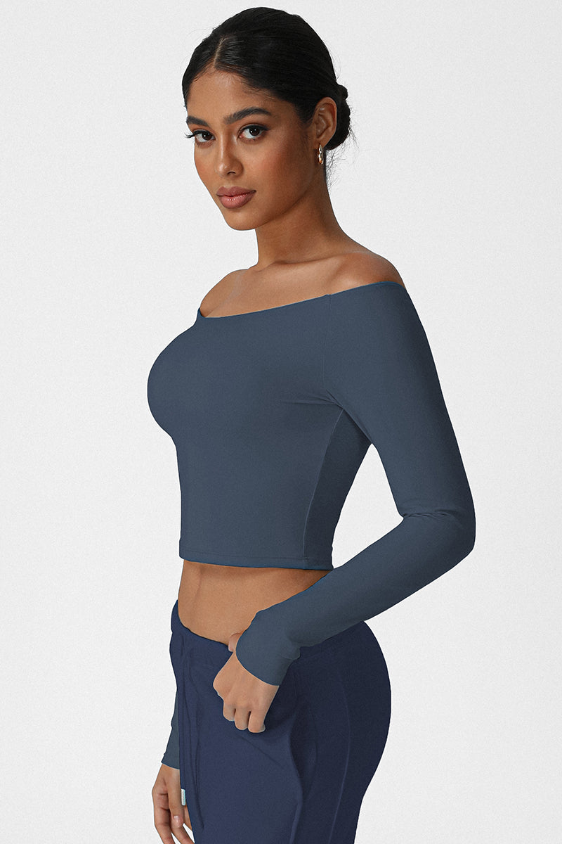 Women Off-Shoulder High-Stretch Yoga Fitness Long Sleeve Top