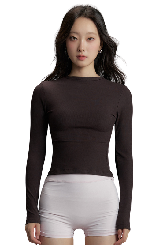 Women's Fall Ribbed Crew Neck Cropped Long Sleeve Top