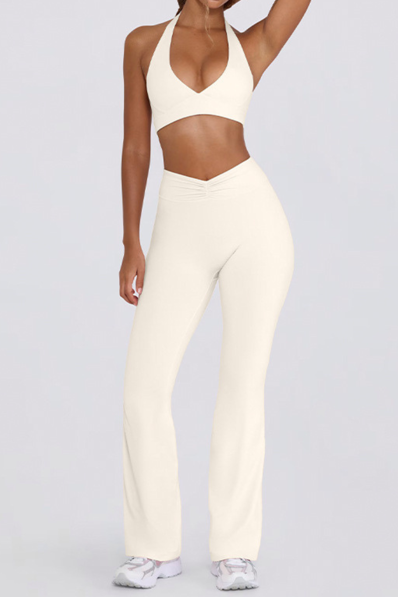 Women's Brushed Pleated Sports Yoga Bra And Flared Pant Set