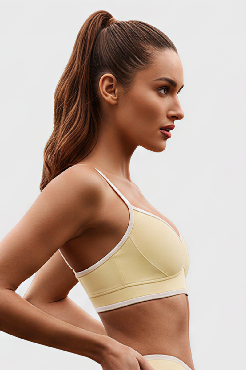 Women's Nude Color-Blocking Thin Strap V-neck Sports Bra