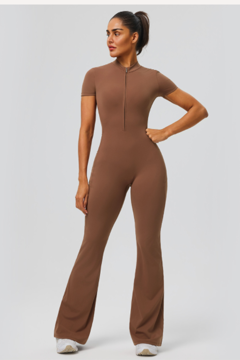 Women's Athletic Short Sleeve Half Zipper Flare Jumpsuit