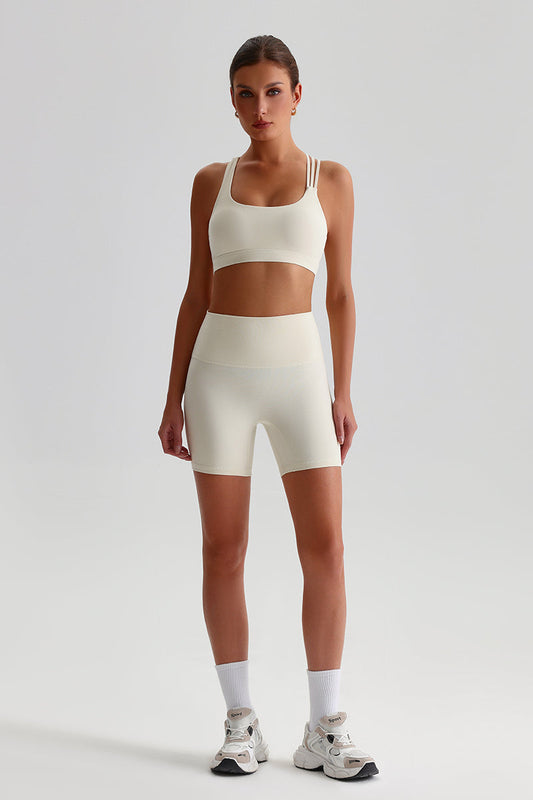 Women Naked Sensation Yoga Shorts Set: Cross-Back Bra + High-Waisted Sculpting Shorts