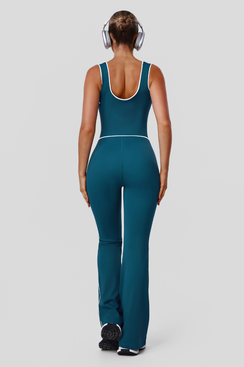 Women's Athletic Color Block U-Neck Flared Pants Jumpsuit