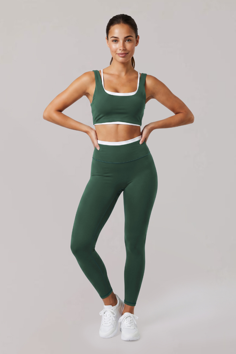 Women's Faux Two-Piece Color Block Bra And Leggings Yoga Set