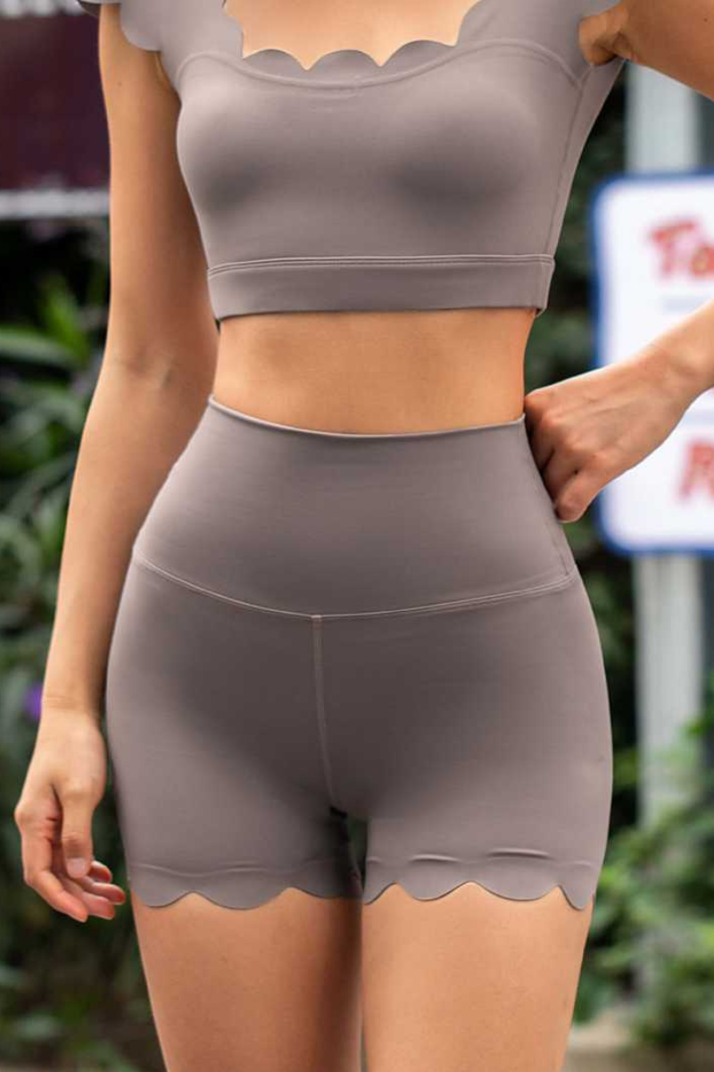 Women's High Waist Scalloped Hem Bare Feel Sports Shorts