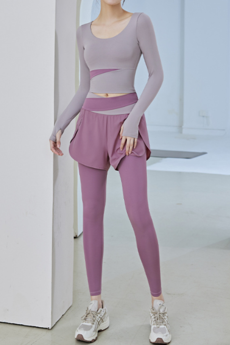 Women's Athletic Sets:Long Sleeve Top& 2-in-1 Shorts Leggings
