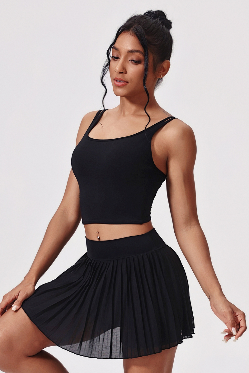 Women's Athletic Lace-Up Tank Top Pleated Skirt Tennis Sets