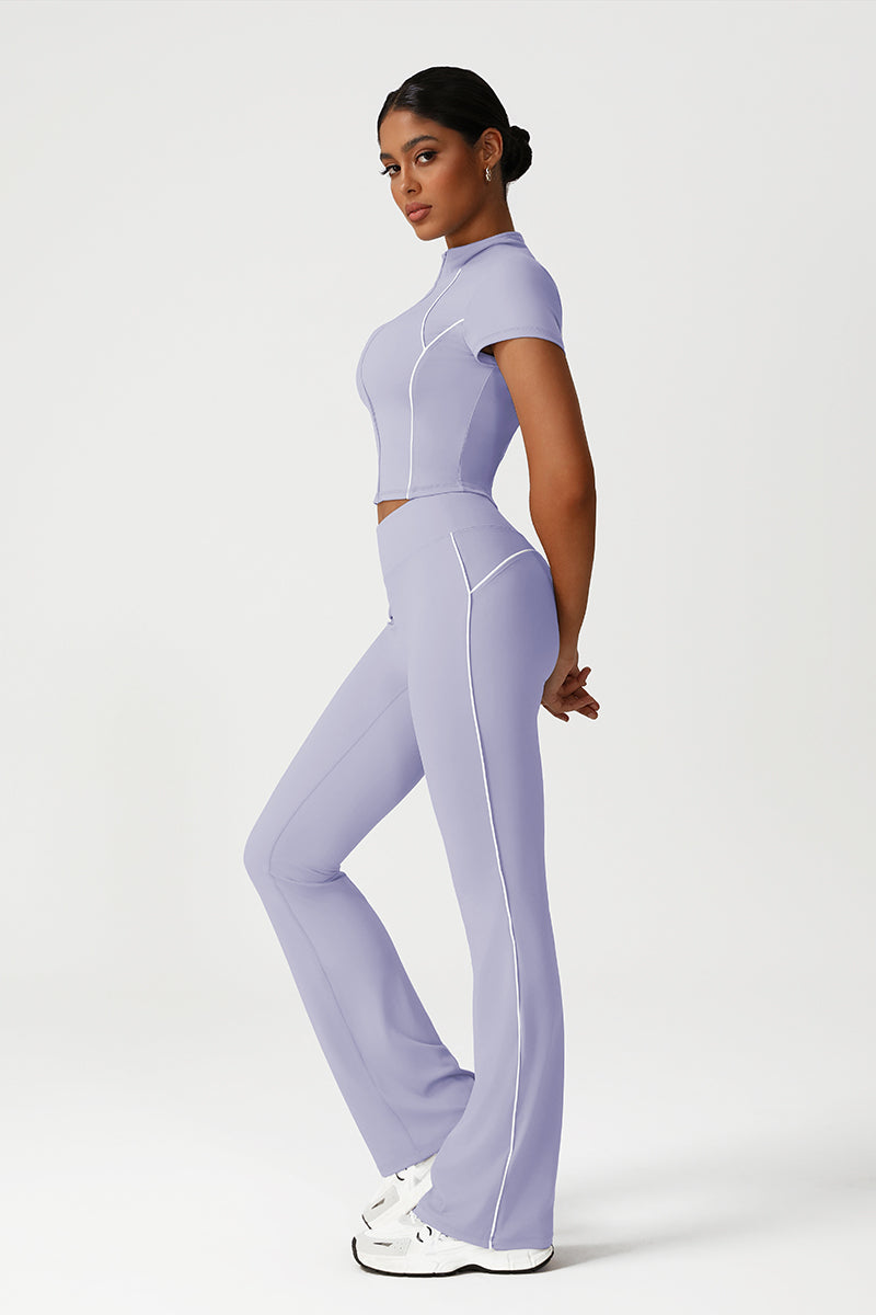 Women Seamless High Waisted Flared Yoga Set: Stand Collar Jacket + Flared Leggings